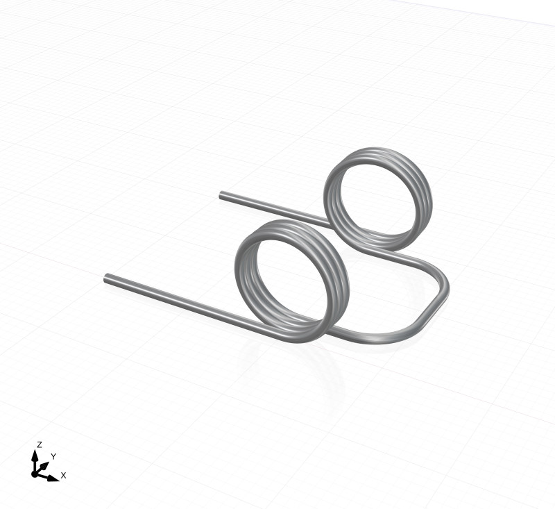3D-CAD-Konstruktion einer Doppelschenkelfeder mit tangentialer Schenkelanordnung, Schenkelstellung 0°, geraden Federenden