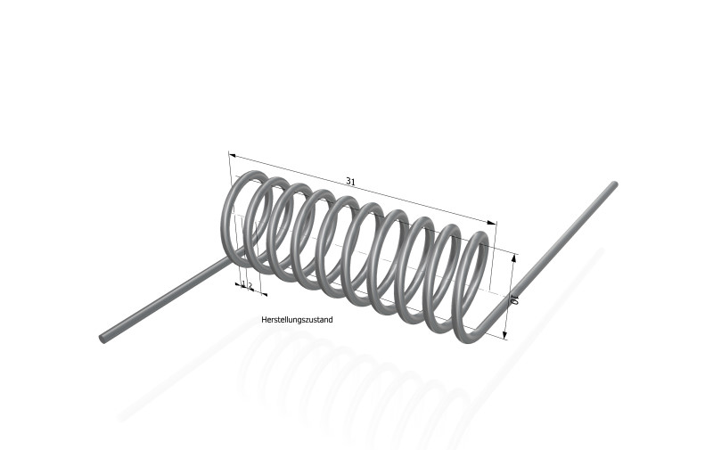 3D-CAD-Konstruktion einer Schenkelfeder mit tangentialer Schenkelanordnung und Schenkelstellung 0°